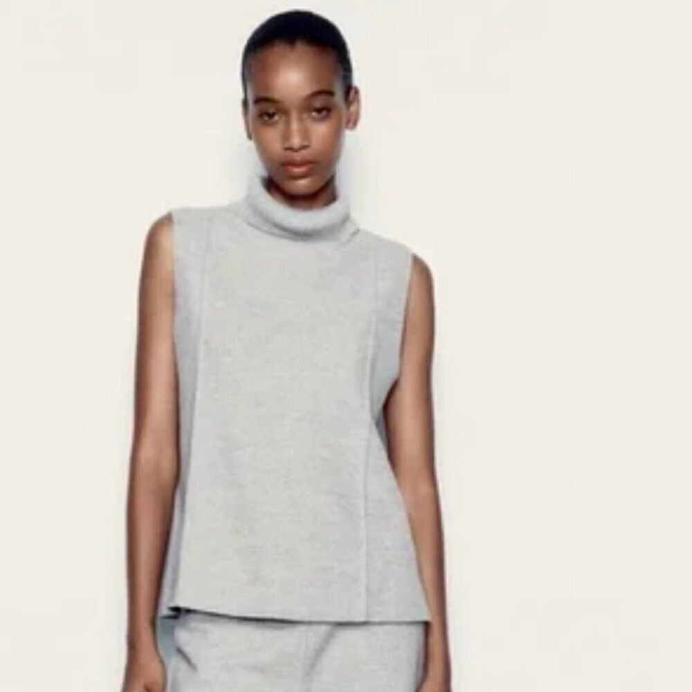 Zara Women's Sz Large Sleeveless Turtleneck Sweater Top Gray Raised Seam Raw Hem